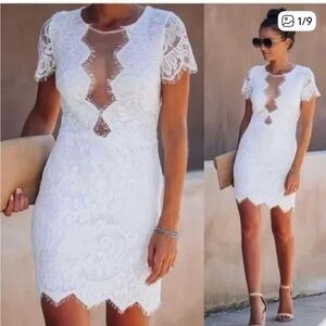 White Lace Short Sleeve Sheath Dress